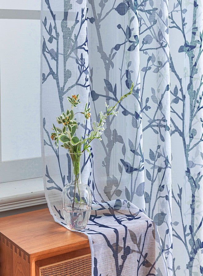 Luvyohmee White Navy Blue Curtains 84 Inch Length 2 Panels Set, Semi Sheer Window Curtain Drapes for Living Room/Bedroom, Blue Nature Tree Branches Patterned Linen Textured Curtains, Grommet Top W52XL84 - Image 3